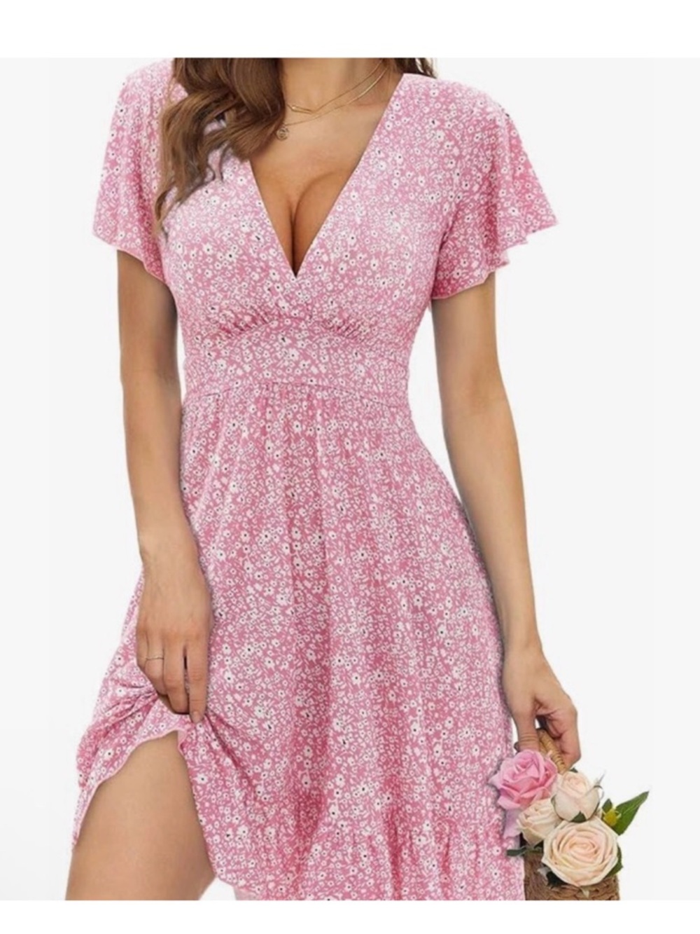 Torary Pink Floral V-Neck Ruffle Mini Dress